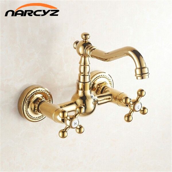 

dual cross handles wall brass gold cold bathroom kitchen basin sink swivel faucet mixer tap g1006