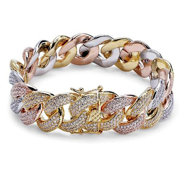 

luxury men's 3 color mixing 18mm copper cz bling bracelet bangle micro pave cubic zircon 7inch 8inch chain bracelets, Black