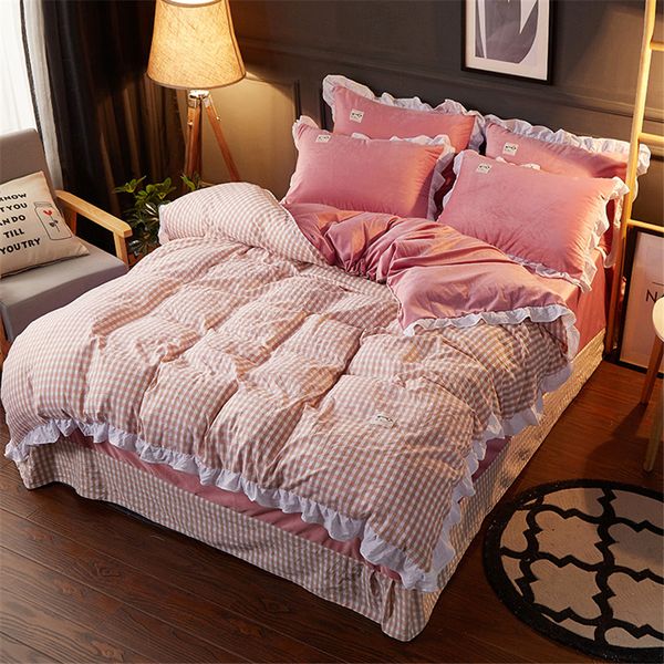 

red plaid bedding sets 100% washed cotton crystal velvet bed linen lace edge duvet cover patchwork bedspread pillowcase 4pcs