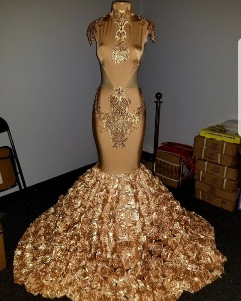 

gold mermaid prom dresses high neck 3d flowers lace appliques beaded capped sleeves sweep train african party evening gowns, Black