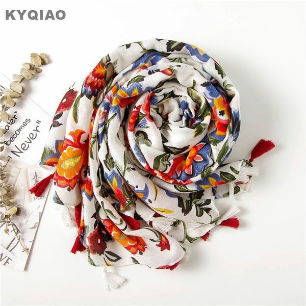 

kyqiao ethnic head scarf 2018 women autumn spring spain style hippie bohemian romantic long floral print scarves, Blue;gray