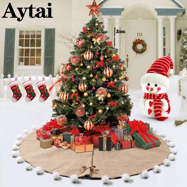 Wholesale 122cm Rustic Burlap Pom Pom Christmas Tree Skirt Indoor