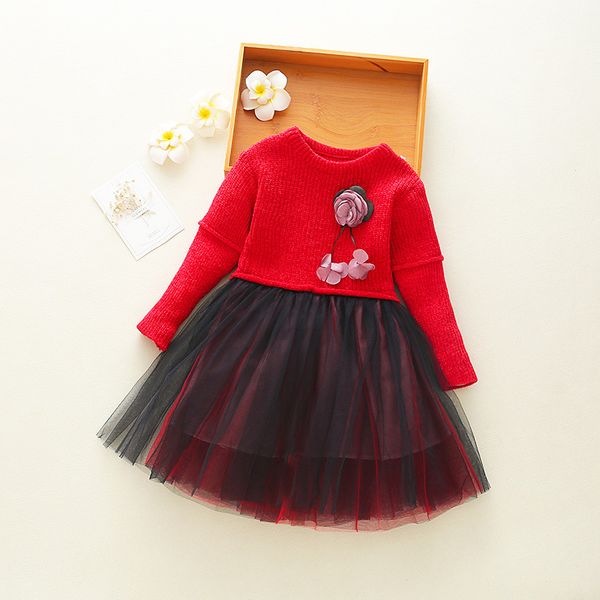 

autumn spring cotton lace dress for chidlren floral long sleeve vestidos kids fashion christmas clothing, Red;yellow
