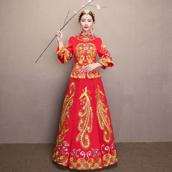 

wedding cheongsam traditional chinese bride dress ancient marriage costume gown clothing womens embroidery phoenix red qipao