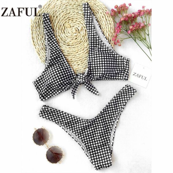 

zaful 2017 women new thong plaid front tie bikini set mid waisted plaid plunging neck swimsuit summer beach swimwear, White;black