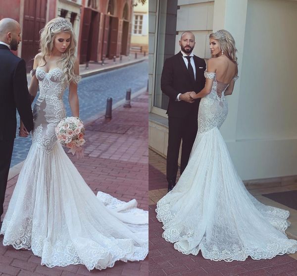 

off the shoulder mermaid wedding dresses sweetheart appliques lace tulle corset wedding dresses saudi arabic bridal dresses, White