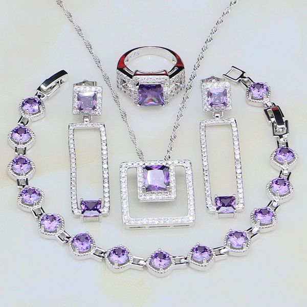 

2018 new style purple cubic zirconia white cz 925 silver jewelry sets for women wedding earrings/pendant/necklace/bracelet/ring, Slivery;golden