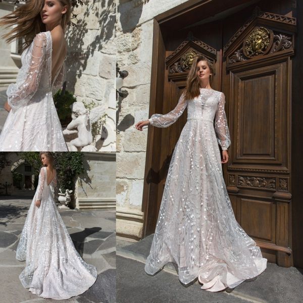 

ева лендель свадебные платья кружева аппликация с длинным рукавом иллюзия бисероплетение богемные свадебные платья 2019 года на заказ line с, White