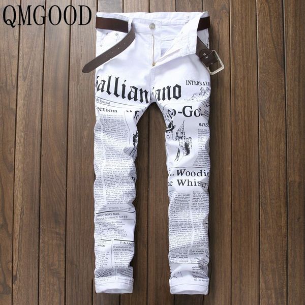 

qmgood 2018 brand fashion jeans stretch men white letters printing men slim elastic casual trousers tight denim printed pants 36, Blue
