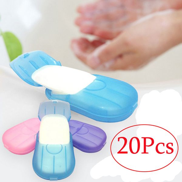 

new 20pcs outdoor travel soap scented slice sheets paper washing hand bath clean wash care with case for camping hiking lf055