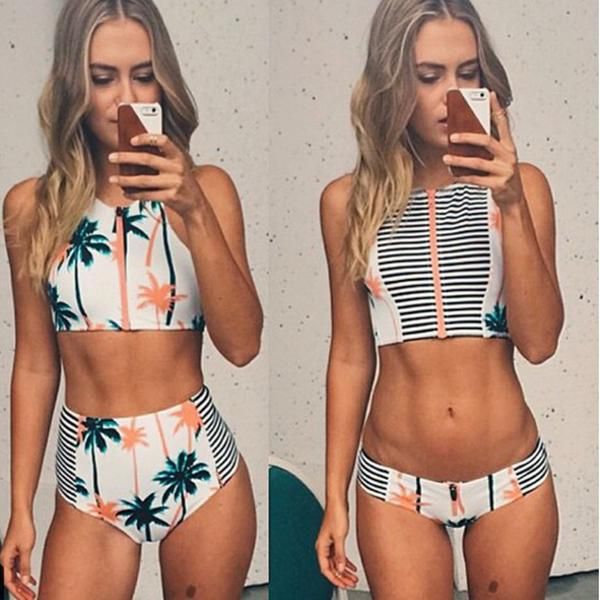 

high waist flower print zipper bikini set swimwear, White;black