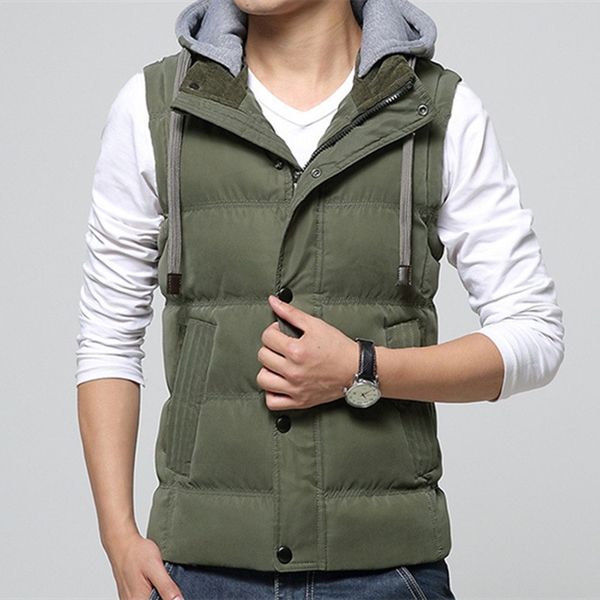 

casual men vest men slim fit waistcoat hat detachable hooded winter warm windbreak khaki men vest m- 4xl 4 colors, Black;white