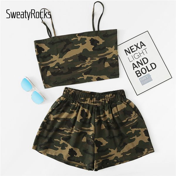 

sweatyrocks camo cami with shorts 2018 summer women spaghetti strap 2 piece army green sleeveless casual two piece set, White