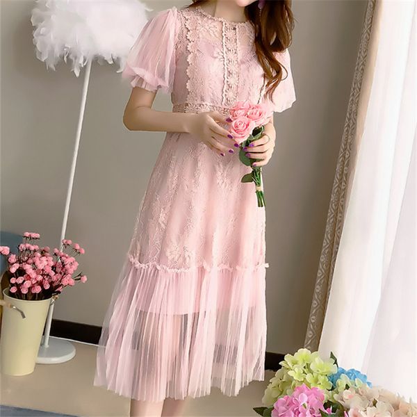 

korea fashion autumn lace women dress vintage elegant mesh ladies dress casual short sleeve party vestidos mujer, Black;gray