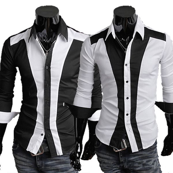 

left rom 2018 new product fashion men color matching thin body long sleeve shirt/male business leisure lapel long sleeve shirt, White;black