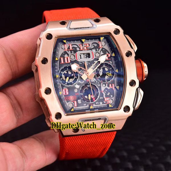 

43mm flyback chrono rm11-03 rm011 japan miyota automatic mens watch skeleton dial 316l steel case black red nylon/leather strap new watches, Slivery;brown