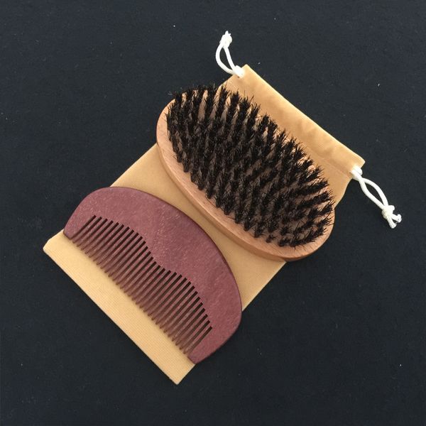 

new 3in1 boar bristle beard brush & amodong wood comb cotton bag set bearded men company makeup fashion hair care styling grooming tool