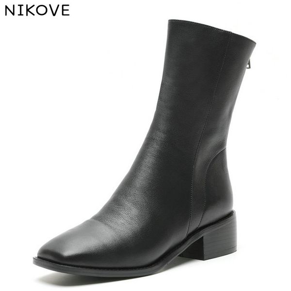 

nikove 2019 women mid calf boots cow leather+pu fashion square high heel elegat winter boots square toe women shoes size 34-43, Black