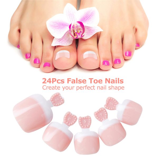

24pcs foot false toenail tips set french full cover fake toe nail tips nail stickers patches for diy manicure decoration, Red;gold
