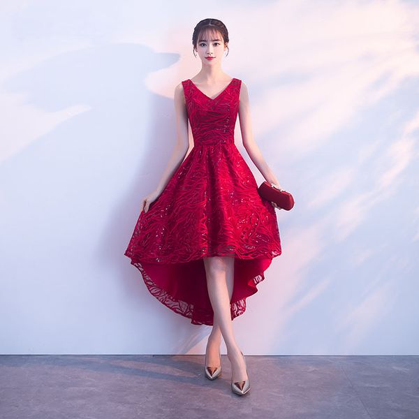 

v-neck shoulder straps sleeveless wine red high low homecoming dresses short front long back lace sequined graduation dress, Blue;red