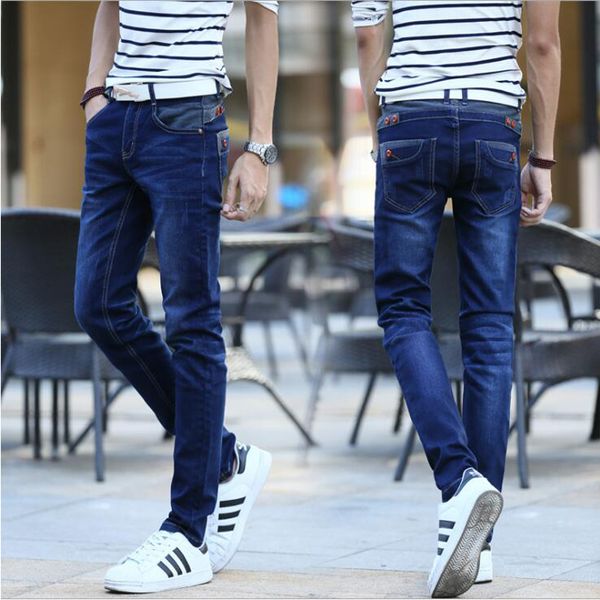 

джинсы мужские стрейч синие кнопки карманы дизайн slim fit узкие джинсовые брюки бегунов джинсы повседневная байкерский мотор мужские брюки, Blue