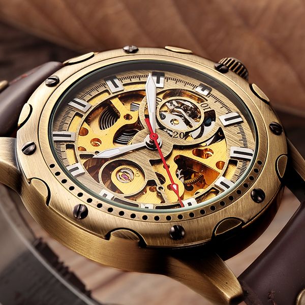

retro bronze skeleton mechanical watch men automatic watches sport luxury brand leather watch relogio masculino male clock d18100706, Slivery;brown