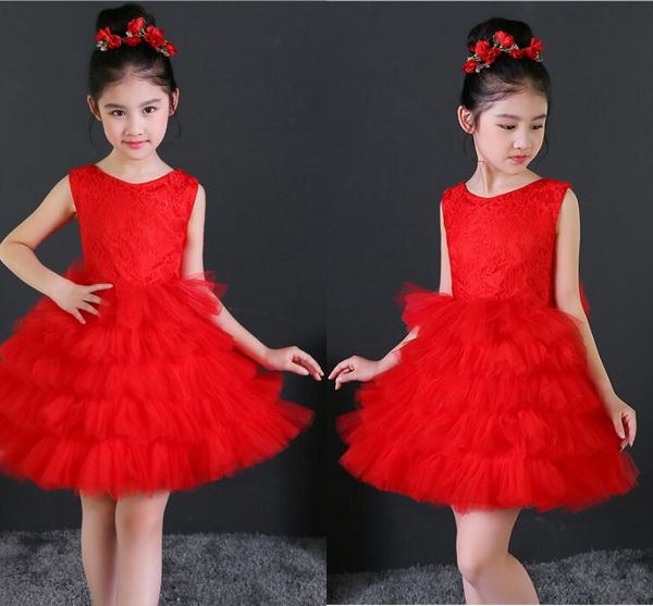 Конкурсные платья для девочек, высококачественная бело-красная пышная юбка, детское красивое пышное платье с круглым вырезом, кружево, весна-лето, детский цветок HY086