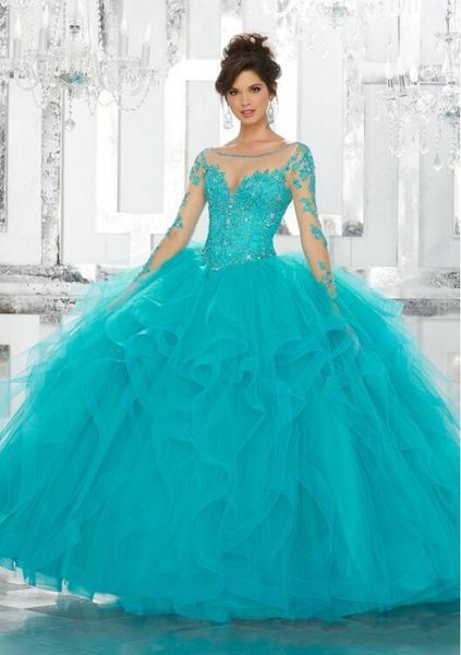 

Винтажные платья Quinceanera Кружева аппликация блестки с длинным рукавом синий бальное платье тюль плюс размер сладкие 15 платья