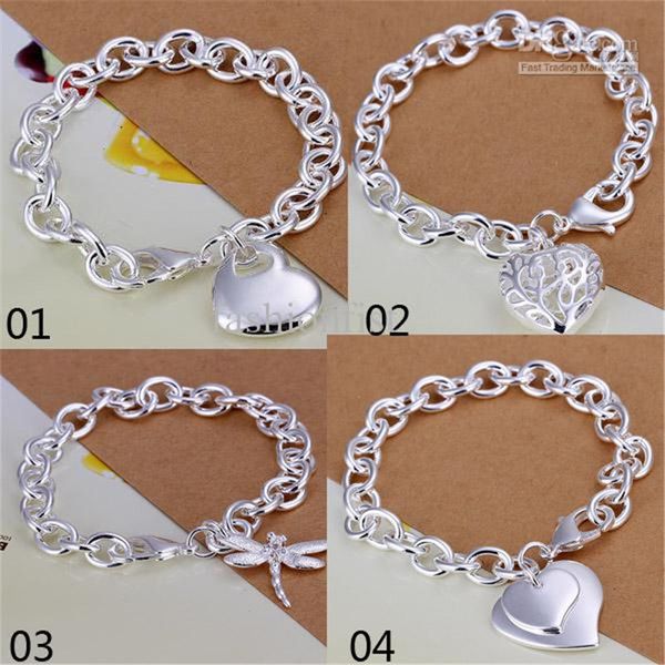 

mix 4 style 925 silver links chain fit hollow heart double heart dragonfly pendant charm bracelets jewelry women's bracelets gift, Black