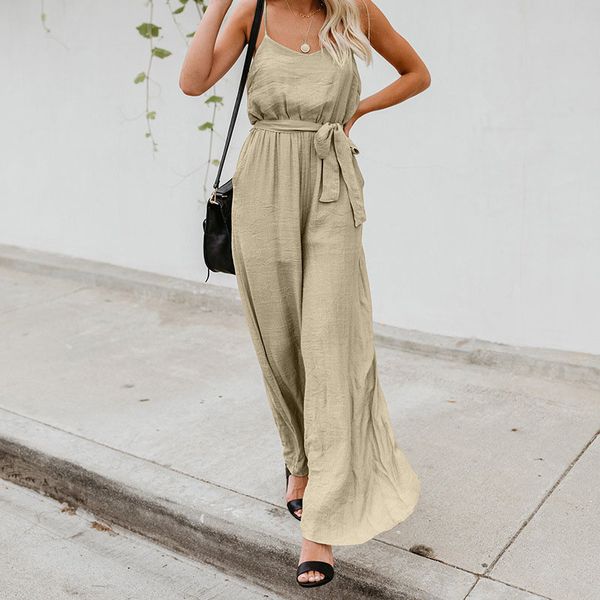 

2018 summer fashion women jumpsuit spaghetti straps deep v-neck backless wide leg overall playsuit loose pockets belt mono, Black;white