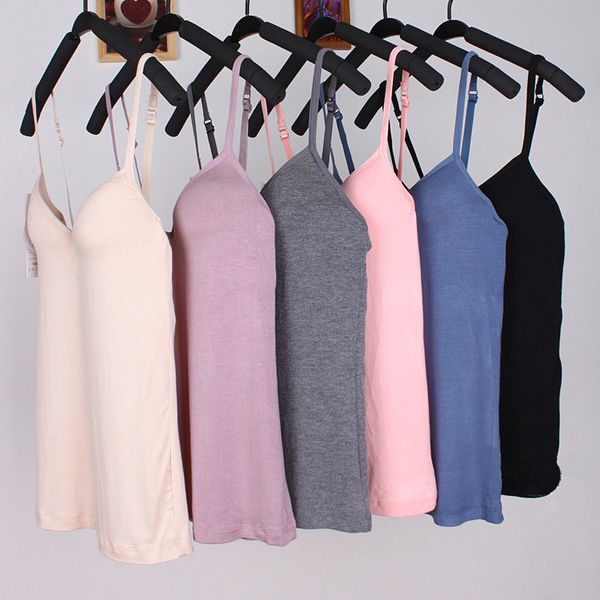 

summer women modal tank low-cut camis women shirts padding chest solid color casual dress s94, White