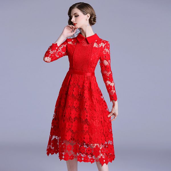 

fashion designer runway dress 2018 autumn women's hollow-out tassel lace patchwork water-soluble lace dress, White;black