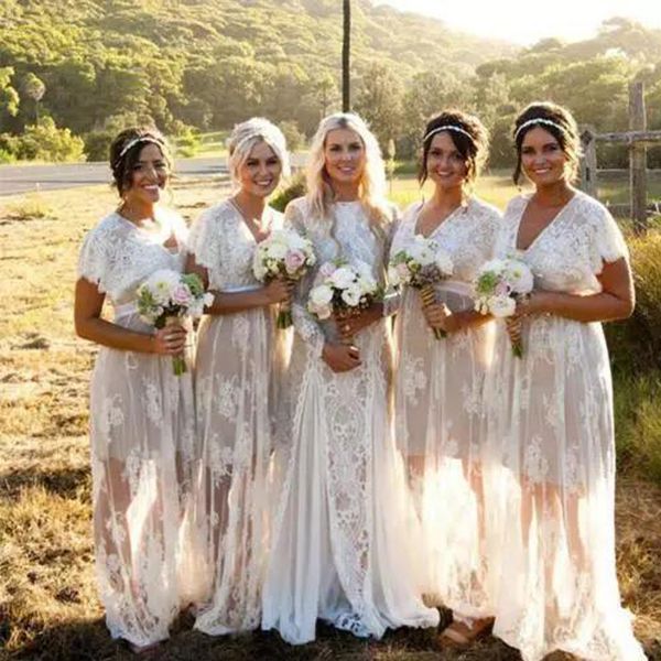 Novo Verão Bohemian Romântico Sheer Lace Bridesmaid Dresses V Neck Mangas Curtas Plus Size Boho Vestidos De Casamento Custom Made