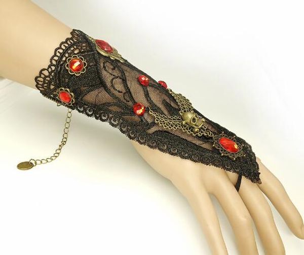 

new european and american halloween series vintage hand chain skull black net lace gloves ring chic classic delicate elegance, Golden;silver