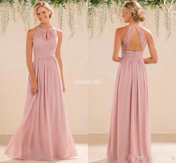 Abiti da damigella d'onore in chiffon di pizzo arrossato Una linea di abiti da festa da sera con collo alto senza schienale lungo da spiaggia estiva da giardino