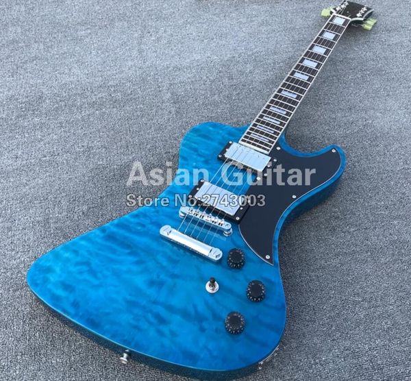 

custom rd style trans blue quilted maple electric guitar f-hole headstock, tuilp tuners, block inlay, chorme hardware