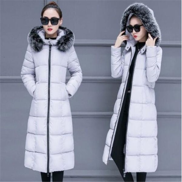 

2018 winter slim large size thick warm down jacket long section over the knees ladies cotton coat fur collar hooded jacket, Black