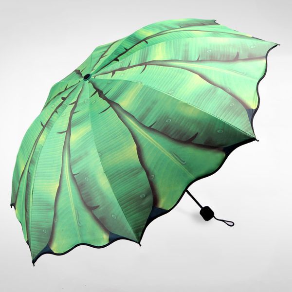

banana leaf 3d oil painting paern folding women sunny rainy parasol umbrella creative black coating fashion strong windproof