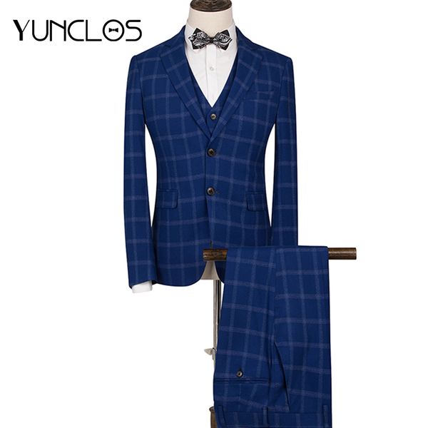 

yunclos business men suit 3 pieces suits slim fit plaid printed men tuxedos wedding suits party dress suit with pant, White;black