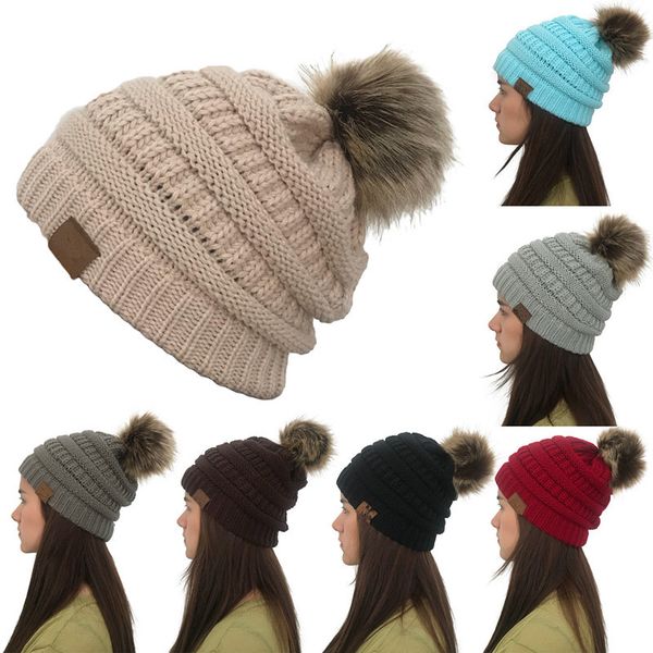 

8colors women winter knitted beanie faux fur cap pom ball crochet hats knitted hat skully warm ski trendy soft thick caps aaa823-1 20pcs, Yellow