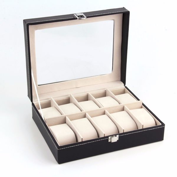 

10 grid pu leather watch display box watches case jewelry storage holder organizer ing, Black;blue