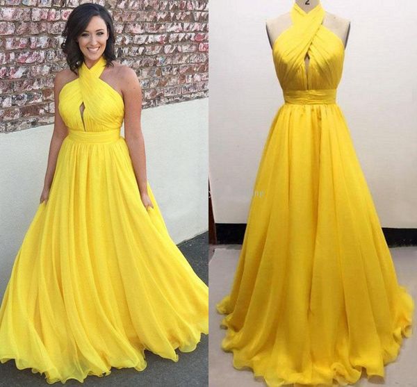 Amarelo plus size chiffon vestidos de noite longos halter plissado flowy até o chão sem costas vestidos de noite formais221u