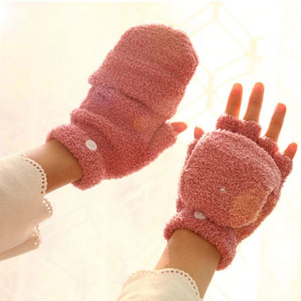 

1 pair new creative winter warm gloves for women gift plush knitting half finger clamshell outdoor glove wholesale, Blue;gray