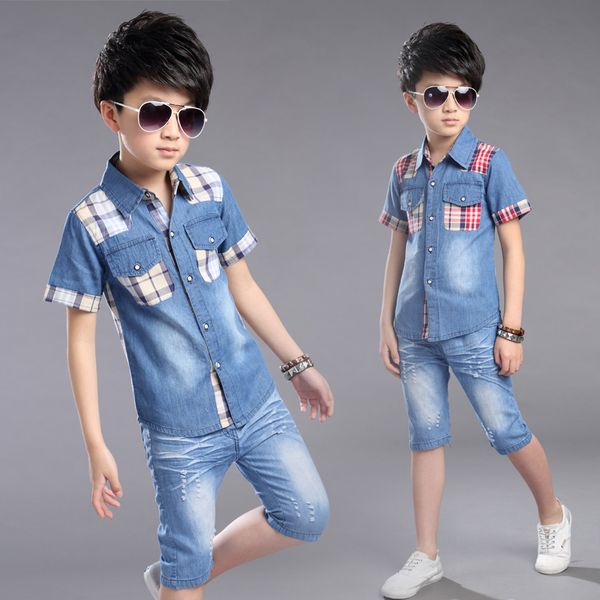 

boys clothing summer boys clothes set shirt +denim shorts 2pcs kids clothes set turn-down collar big boys casual suit, White