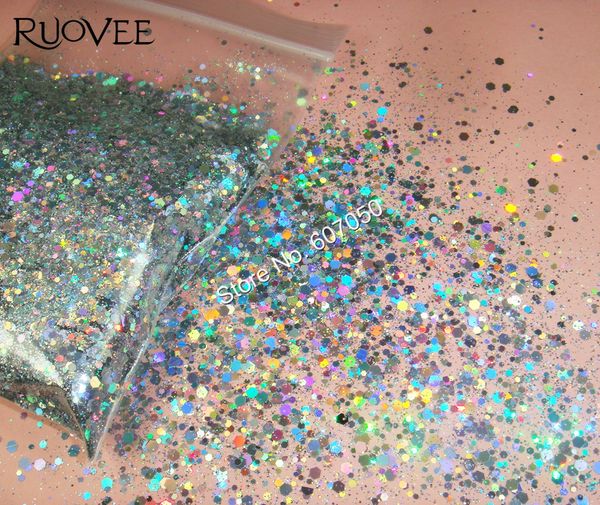 

solvent resistant holographic laser silver glitter mix hexagon powder shape for diy nail polish gel acrylic craft art-10gram, Silver;gold