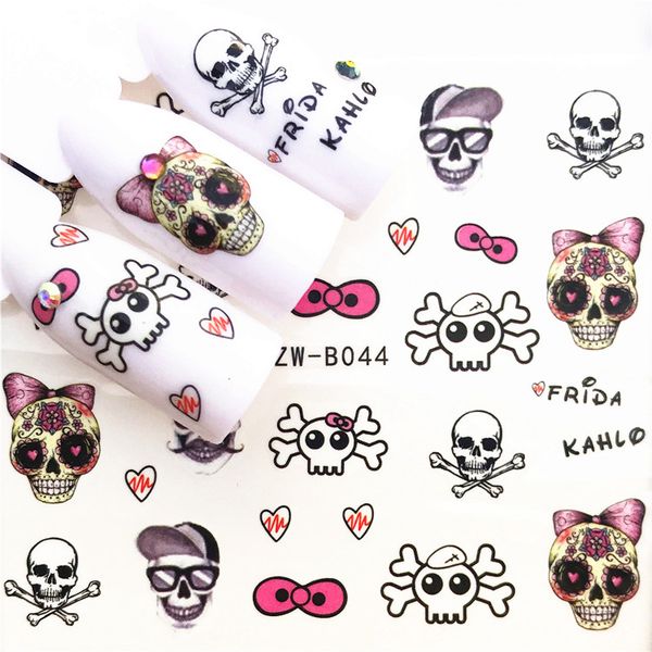 

1 pcs halloween skull nail sticker water decals women white flower cat butterfly transfer nail art decoration m3b3, Black