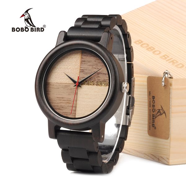 

bobo bird n07 handmade unique wood quartz men watch with ebony wood band lightweight for men dress watches with gift box, Slivery;brown