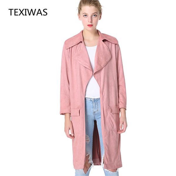 

texiwas spring autumn trench coat with pocket plus size trench women long outwear suede windbreaker female slim cardigan, Tan;black