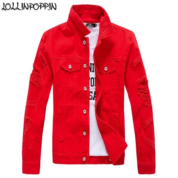 

solid color men destroyed jean jacket punk hip hop raw edge cuffs mens denim jacket ripped sleeves denim coat red / pink / white, Black;brown