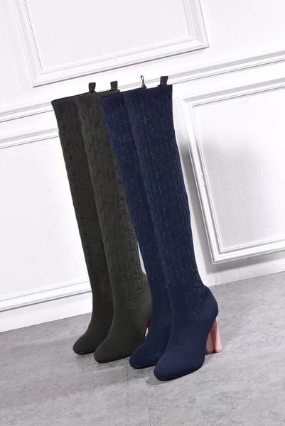 

luxury new spring womens silhouette thigh high boot 10cm casual socks shoes design embroidery 22 inches long boots size 35-41, Black